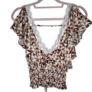 Gimmicks BKE Buckle V Neck Smocked Cold Shoulder Short Sleeve Blouse Tank Ruffle